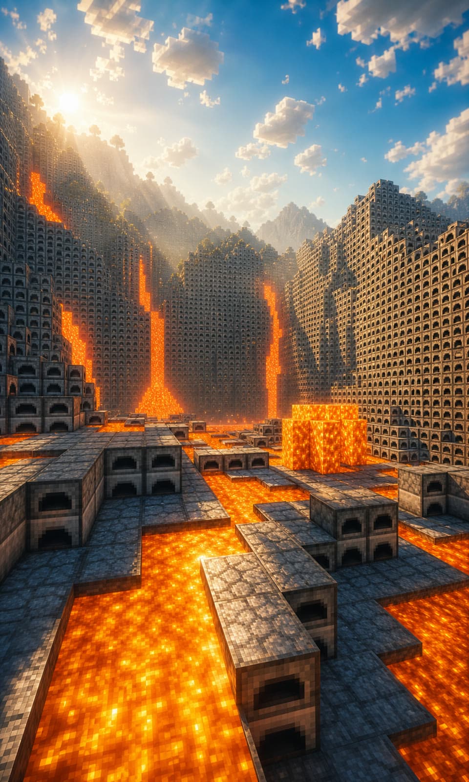 Trailer-style re-render of a Peaceful Vanilla Club furnace quarry with lava rivers.