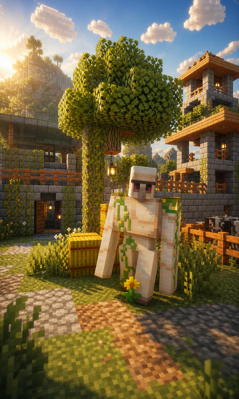 Trailer-style re-render of a Peaceful Vanilla Club village with an iron golem in the foreground.
