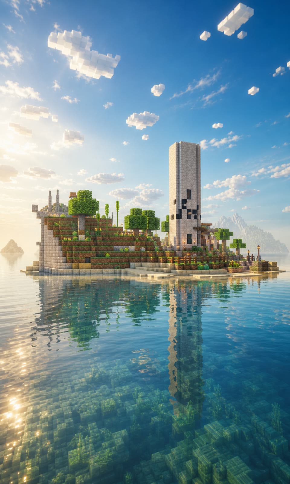 Trailer-style re-render of a Peaceful Vanilla Club island tower above reflective water.