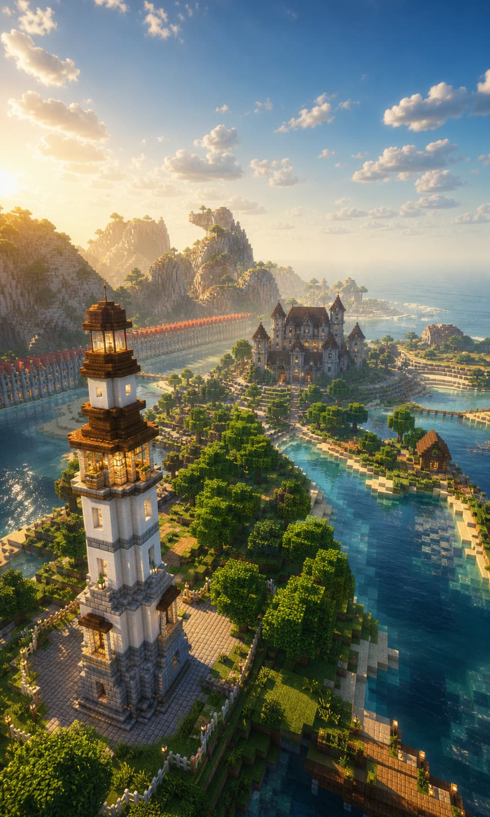 Trailer-style re-render of a Peaceful Vanilla Club lighthouse and coastal settlement.