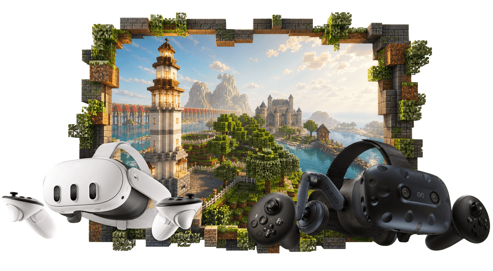 PVC-inspired VR artwork with two modern headsets breaking out of a Minecraft world window
