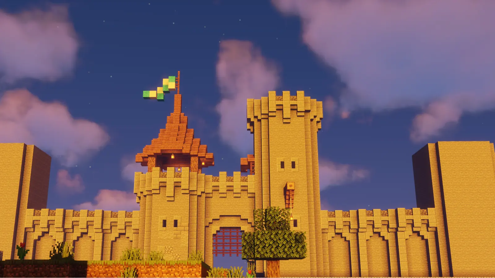 An unidentified Minecraft castle glowing at sunset in an old Peaceful Vanilla Club screenshot