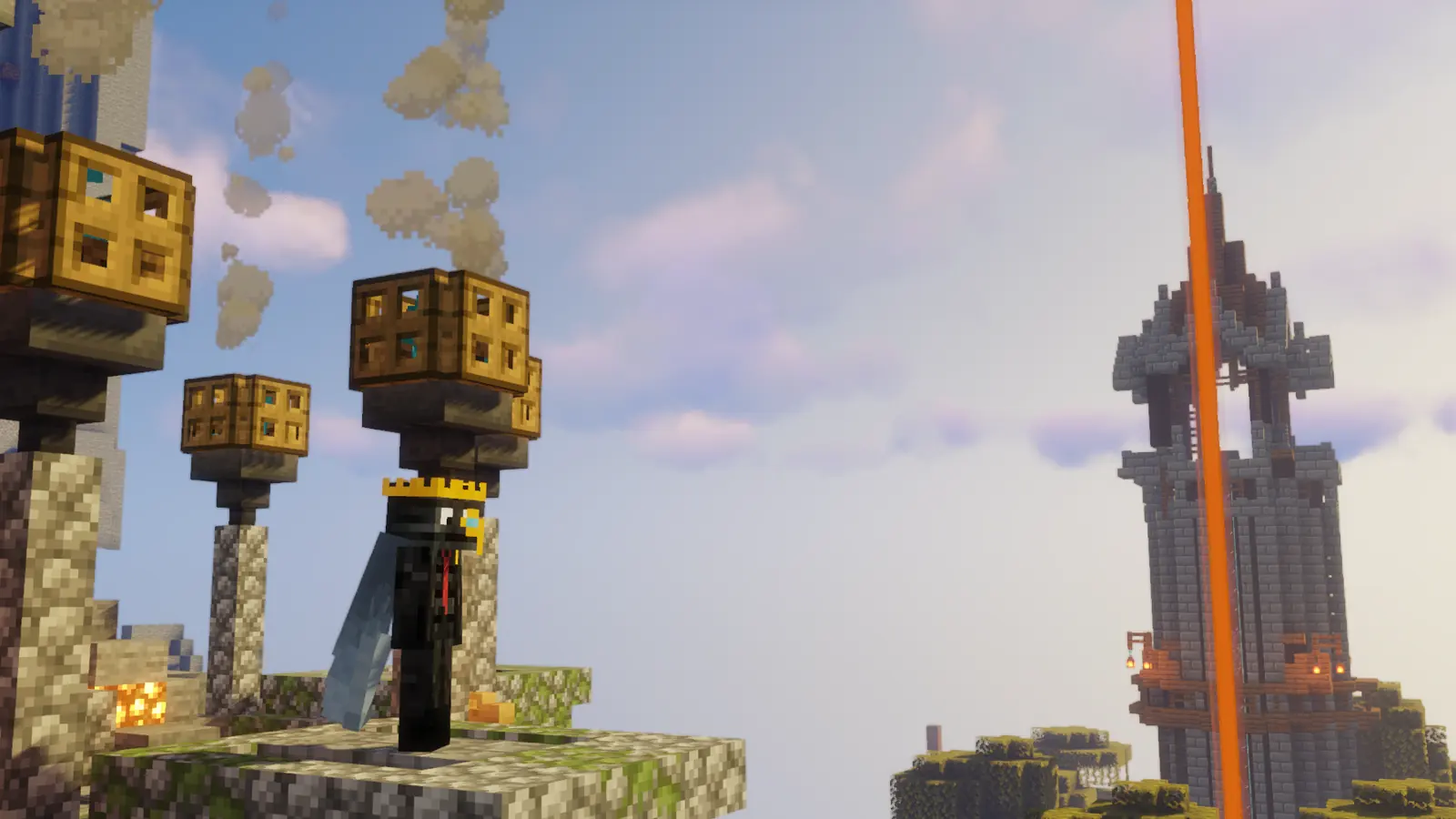 KingNeme standing thoughtfully on a high launch platform above the Peaceful Vanilla Club spawn