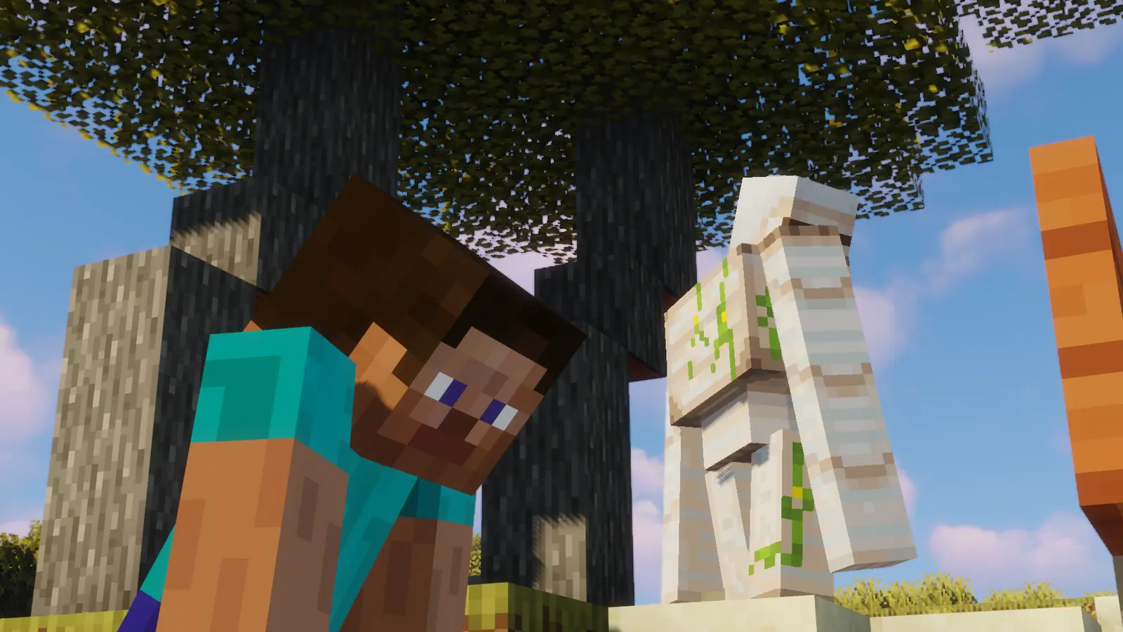 Steve leaning into the camera beside an iron golem in a historic PVC screenshot