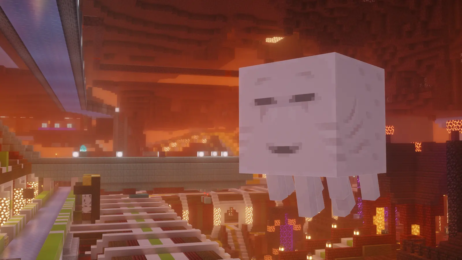 A tameable happy ghast floating inside the Peaceful Vanilla Club Nether Hub