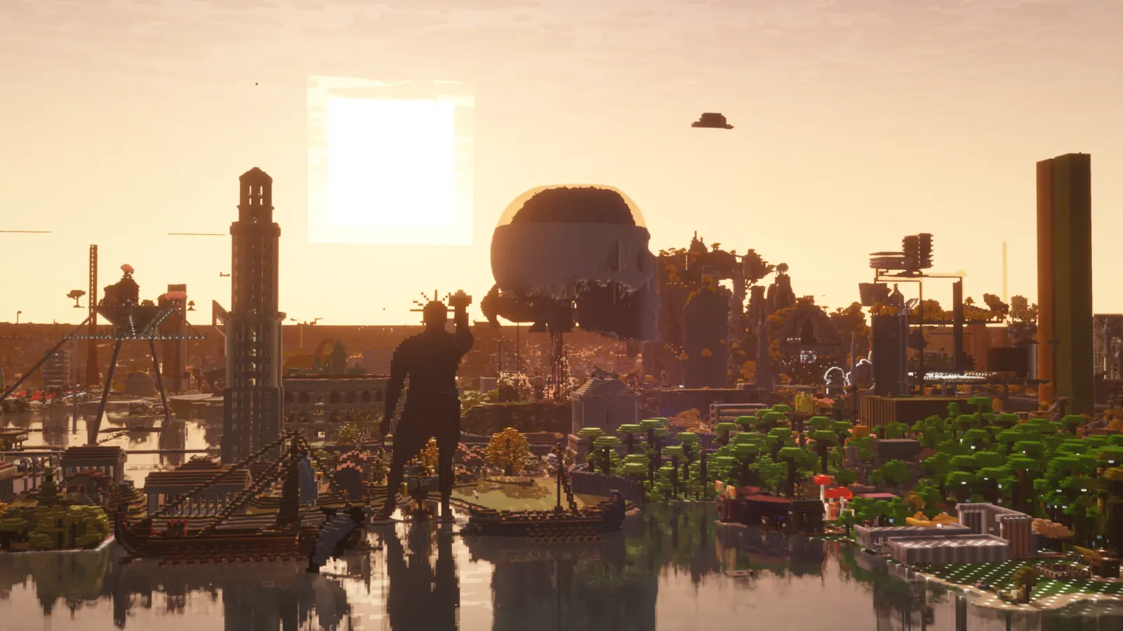 The vast Peaceful Vanilla Club spawn seen from far away at sunset with Distant Horizons