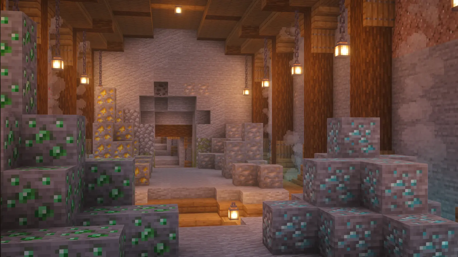 Decorative emerald, gold, iron, and diamond ore displays inside the Spawn Quarry