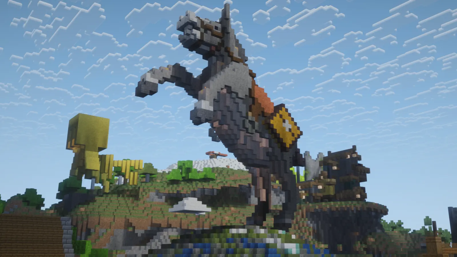 The Terra2 spawn beneath a monumental rearing horse statue